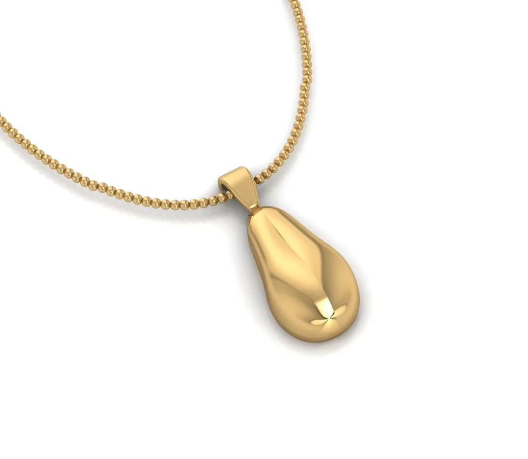 A computer render of a gold pear-shaped pendant on a chain