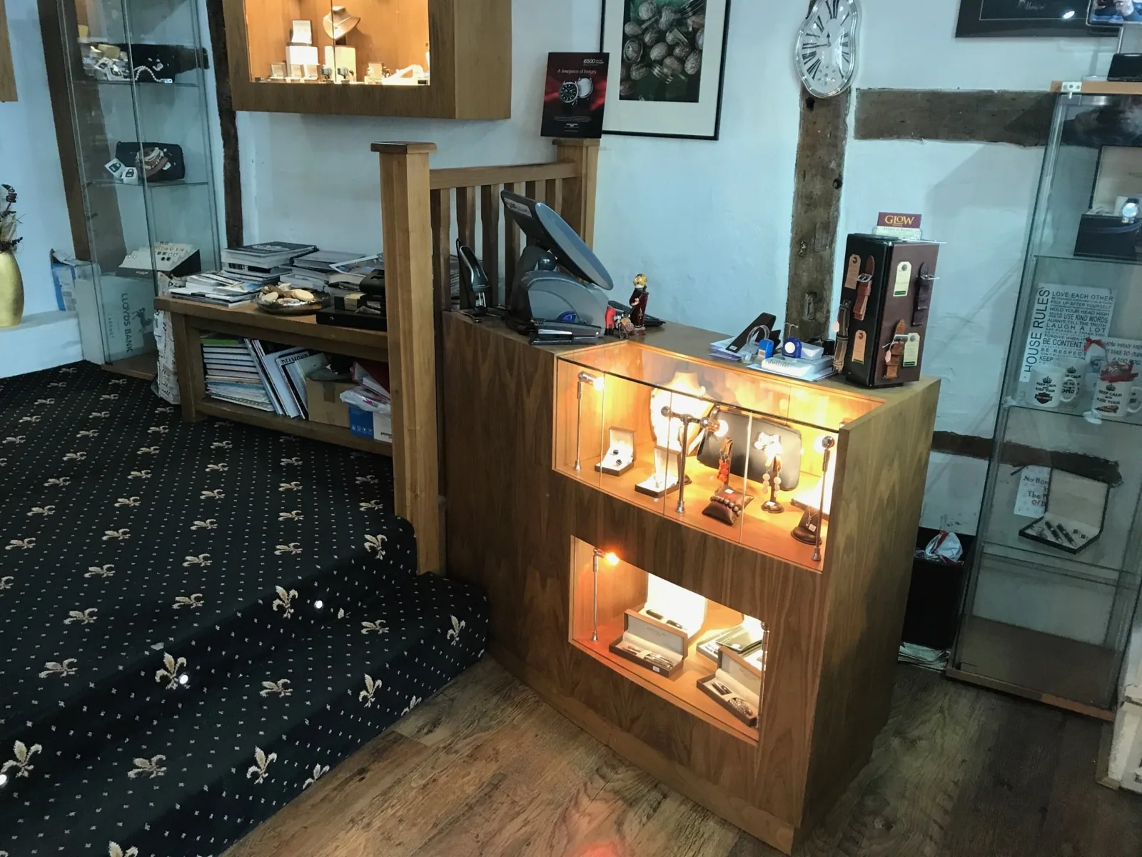The jewellery cabinet in the corner of the shop